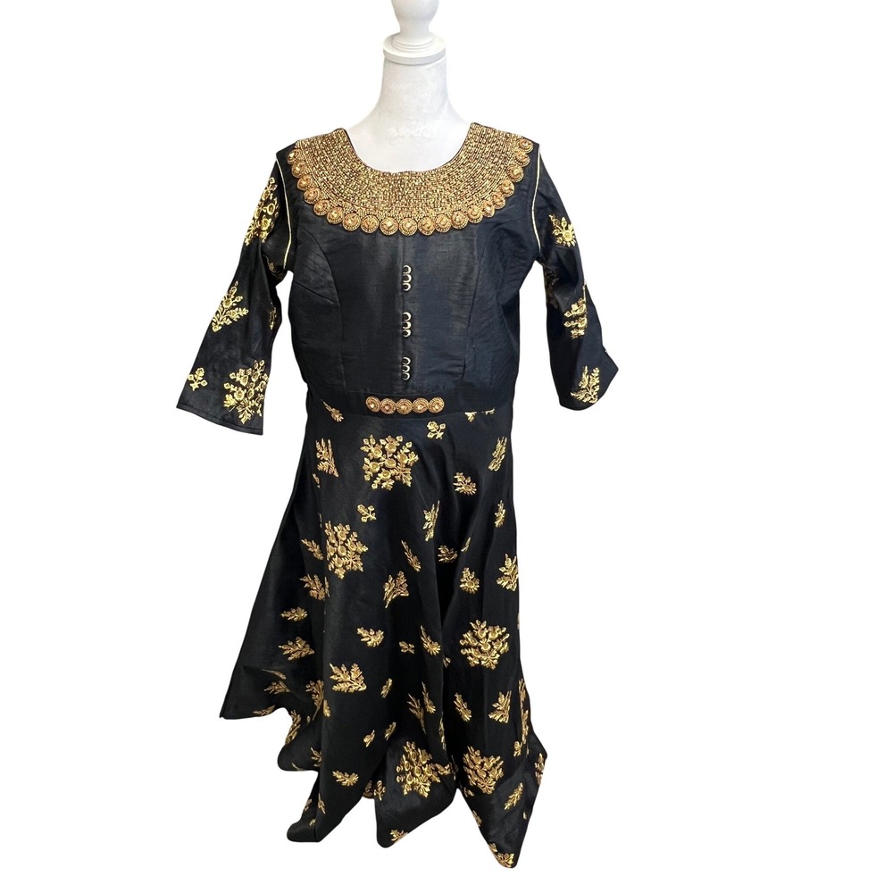 Anarkali Beaded Maxi Black Gold Dress Embroidered Indian Wedding Bollywood Gown